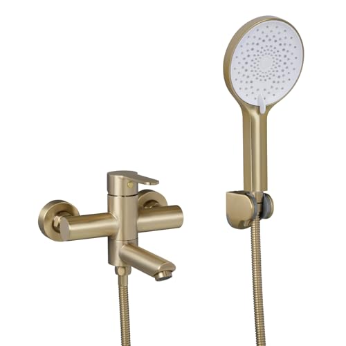 PHASAT Wandmontage Badewannenarmatur mit Handbrause Badewannen Amaturen Set Badewannenarmatur für 90 ° drehbaren Auslauf Bürste Gold PTBG04E von PHASAT