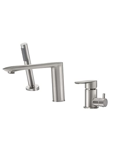 PHASAT Wannen-Wasserfall-Wasserhahn mit Handbrause, römische Deckhalterung, 3-Loch-Wannenfüller, Badezimmer-Wasserhähne, Messing-Badewannenarmatur, gebürstetes Nickel, PU5L09 PHASAT Wannen-Wasserfall-Wasserhahn mit Handbrause, römische Deckhalterung, 3-Loch-Wannenfüller, Badezimmer-Wasserhähne, Messing-Badewannenarmatur, gebürstetes Nickel, PU5L09 von PHASAT