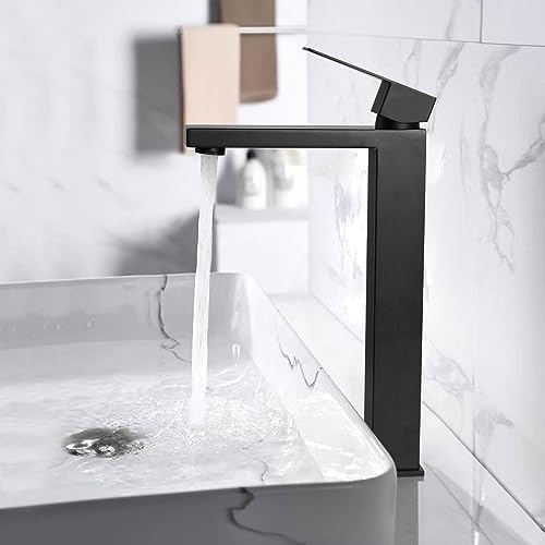 PHASAT Wasserhahn Bad,wasserhahn aufsatzwaschbecken,Hoch Aufsatzwaschbecken Armatur, Mischbatterie Einhebelmischer Waschbecken Armatur Matt Schwarz PTMP05B… von PHASAT