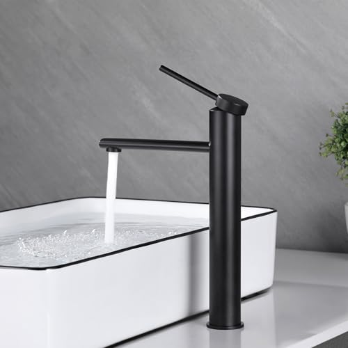 PHASAT Wasserhahn Bad Hoch Aufsatzwaschbecken Armatur, Mischbatterie Einhebelmischer Waschbecken Armatur Schwarz PTMP07B von PHASAT