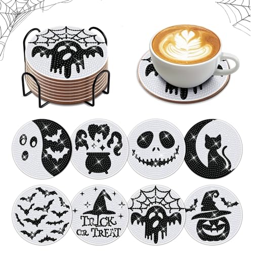 8 Stück Diamond Painting Untersetzer mit Halter, Halloween Diamond Painting Untersetzer, Diamond Art Painting Halloween, DIY Untersetzer, Kreative und lustige Desktop-Dekoration von PHASZ