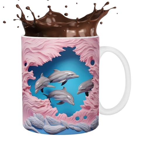 PHASZ 3D-Delfin-Tasse – flach bemalte Keramik-Kaffeetassen, Keramik-Delfin-Dekor für Damen und Herren, Urlaubs- und Geburtstagsgeschenk von PHASZ