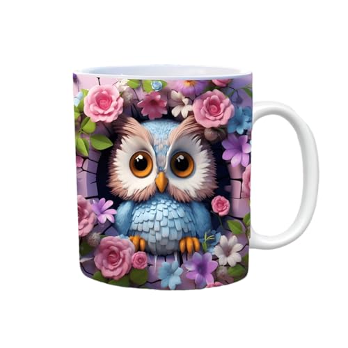 PHASZ 3D-Kaffeetasse, niedliche Keramik-Kaffeetassen mit flachem 3D-Design, Kaffeetasse, 325 ml, Keramik-Eulen-Dekor für Kaffee-, Milchtee-Liebhaber von PHASZ