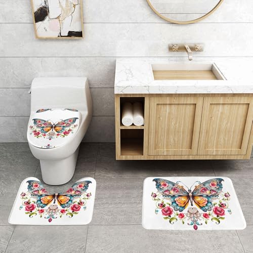 PHAYAH Badvorleger Schmetterling Blume Set Badezimmer Teppiche für 3 Stück WC Vorleger Wasseraufnahme rutschfest maschinenwaschbar von PHAYAH