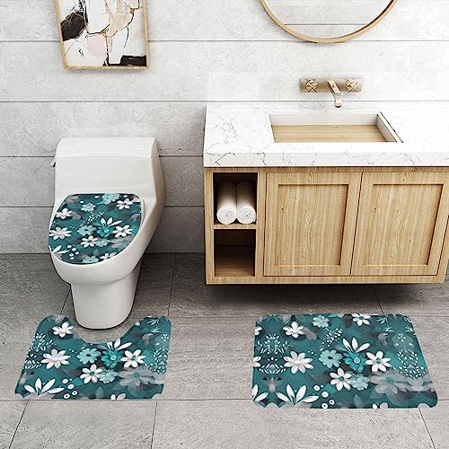 PHAYAH Blaugrün Grau und Weiß Blumenmuster Badvorleger Set Badezimmerteppiche für 3 Stück Toilettenvorleger Wasseraufnahme rutschfest maschinenwaschbar von PHAYAH
