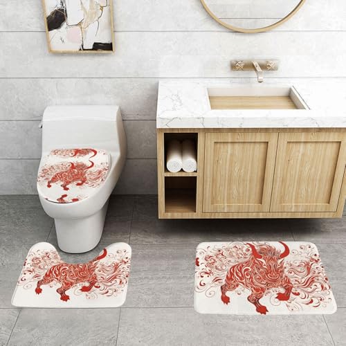 PHAYAH Kuh Papierschnitt Blume Badvorleger Set Badezimmerteppiche für 3 Stück Toilettenmatten Wasseraufnahme rutschfest maschinenwaschbar von PHAYAH