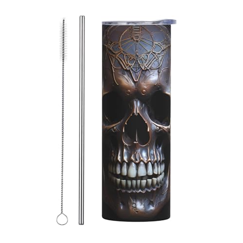 PHAYAH Kupferfarbener Totenkopf-Becher mit Deckel und Strohhalmen, Edelstahl, isolierte Becher für Kaffee, Tee, Getränke, 590 ml von PHAYAH