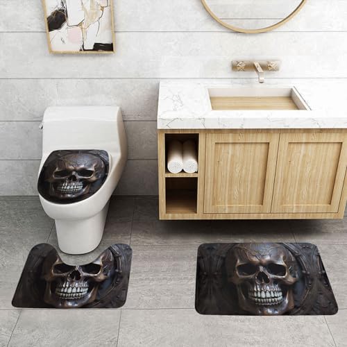 PHAYAH Kupferfarbenes Totenkopf-Badezimmerteppich-Set, 3 rutschfeste Matten, Badematten für Teppich, wasserabsorbierend, Duschvorleger mit U-förmigem Konturteppich PHAYAH Kupferfarbenes Totenkopf-Badezimmerteppich-Set, 3 rutschfeste Matten, Badematten für Teppich, wasserabsorbierend, Duschvorleger mit U-förmigem Konturteppich von PHAYAH