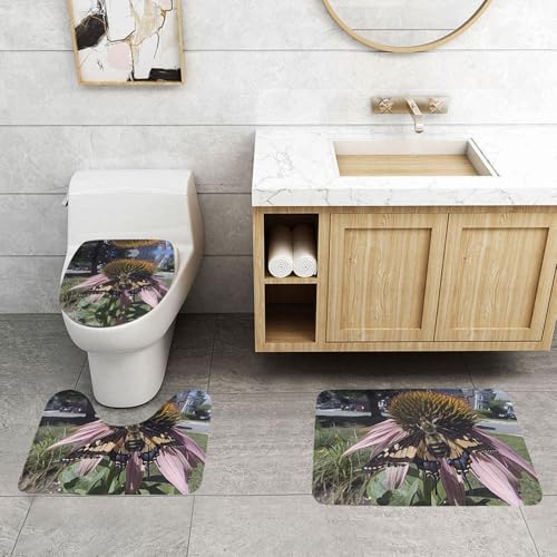 PHAYAH Schmetterling Pflücken Blumen Badvorleger Set Badezimmerteppiche für 3 Stück Toilettenmatten Wasseraufnahme rutschfest maschinenwaschbar von PHAYAH