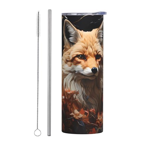 PHAYAH Thermobecher mit Fuchs- und Blumendruck, gerade, isoliert, schmal, mit Deckel und Strohhalm, 590 ml von PHAYAH