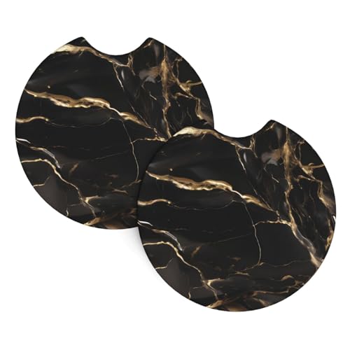 Phayah Auto-Getränkehalter-Untersetzer, Schwarz-Gold, Marmor, 2 Stück, Auto-Bechermatte mit einer Fingerkerbe, Auto-Innenzubehör für von PHAYAH