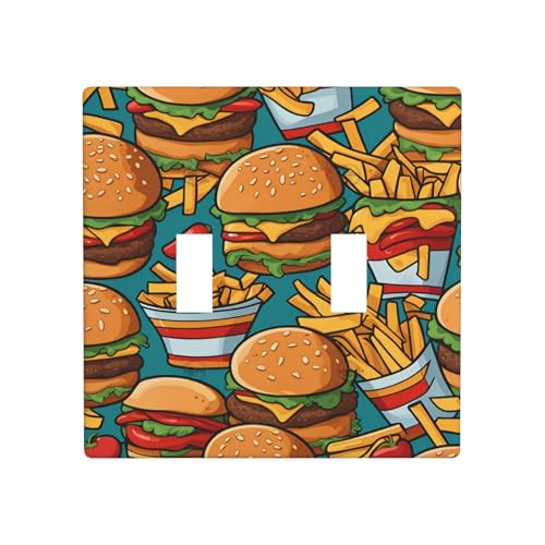 Phayah Doppel-Kippschalter mit niedlichem Burger-Pommes-Muster, dekorative Lichtschalterplatten, für Badezimmer, Schlafzimmer, Küche, 11,4 x 11,4 cm Phayah Doppel-Kippschalter mit niedlichem Burger-Pommes-Muster, dekorative Lichtschalterplatten, für Badezimmer, Schlafzimmer, Küche, 11,4 x 11,4 cm von PHAYAH