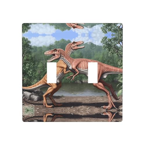 Phayah Doppel-Kippschalterplatten mit Dinosaurier-Duell-Muster, dekorativ für Badezimmer, Schlafzimmer, Küche, 11,4 x 11,4 cm von PHAYAH