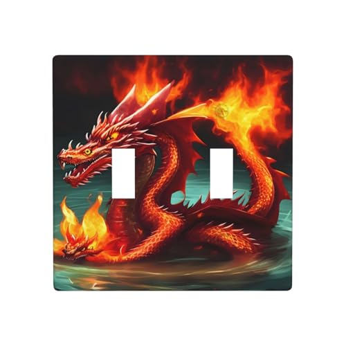 Phayah Lichtschalterplatten mit Drachenkönig im Feuermuster, doppelt, dekorativ, für Badezimmer, Schlafzimmer, Küche, 11,4 x 11,4 cm Phayah Lichtschalterplatten mit Drachenkönig im Feuermuster, doppelt, dekorativ, für Badezimmer, Schlafzimmer, Küche, 11,4 x 11,4 cm von PHAYAH
