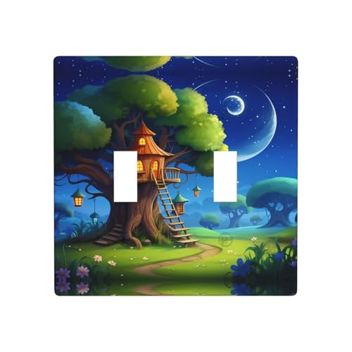 Phayah Mysterious Tree House Pattern Doppel-Kippschalter für Lichtschalter, dekorative Steckdosenabdeckungen, für Badezimmer, Schlafzimmer, Küche, 11,4 x 11,4 cm von PHAYAH