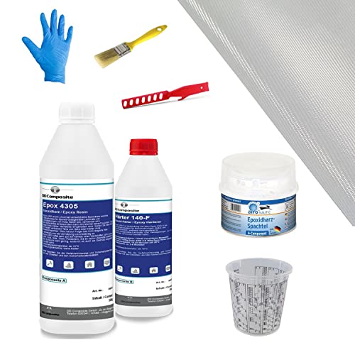 DD Composite Reparatur-Set Auto, Boot und Motorrad 700g Epoxidharz mit Härter, 600g Spachtelmasse, Glasfilamentgewebe, Handschuhe, Pinsel, Rührstab, Mischbecher von DD Composite