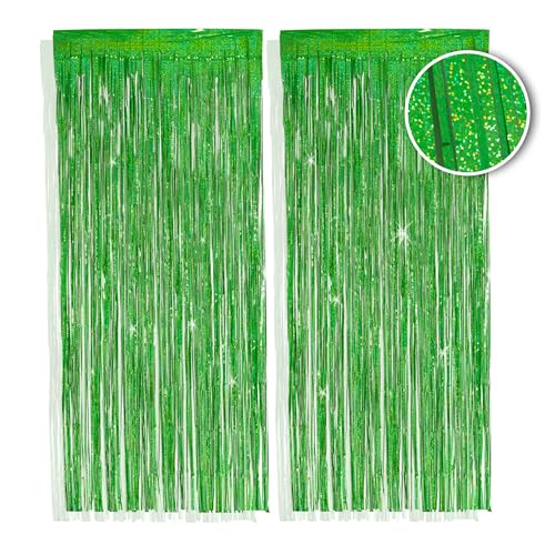 PHENO FLAGS 2 Stück Grüner Lametta Vorhang, 1x2,5m - Glitzernde Silvester-Deko im Funkelnden Metallic-Look, Lametta Girlande für Ihre Party von PHENO FLAGS
