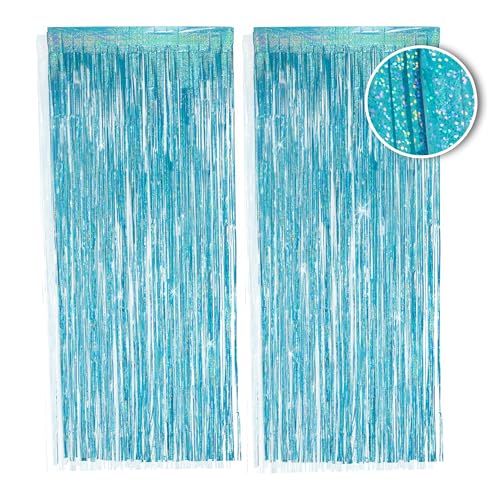 PHENO FLAGS 2 Stück Hellblauer Lametta Vorhang, 1x2,5m - Glitzernde Silvester-Deko im Funkelnden Metallic-Look, Lametta Girlande für Ihre Party von PHENO FLAGS
