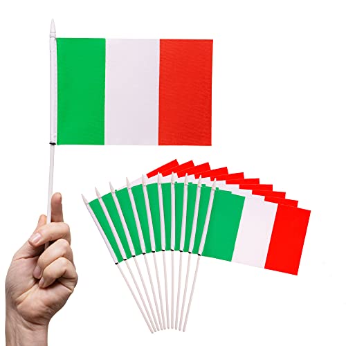 PHENO FLAGS Italien Handflagge - 10 pro Set - Fahne 12x20 cm - mit 30cm Flaggenstab & 75 D Polyester Stoff - Die Tischflagge ist ein toller Hingucker für eine Abschieds- oder Mottoparty von PHENO FLAGS
