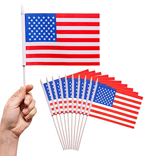 PHENO FLAGS USA Handflagge - 10 pro Set - Fahne 12x20 cm - mit 30cm Flaggenstab & 75 D Polyester Stoff - Die Tischflagge ist ein toller Hingucker für eine Abschieds- oder Mottoparty von PHENO FLAGS