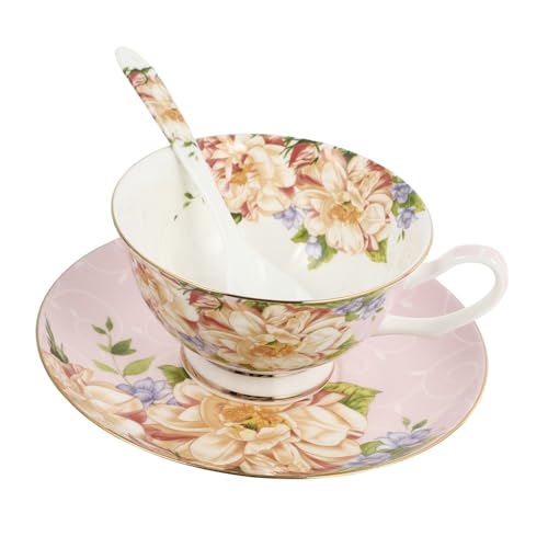 PHENOFICE Kaffeetassen Satz Mit Blumenmuster Porzellan Tasse Und Untertasse Löffel-set Für Kaffee Und Tee Robust Und Langlebig von PHENOFICE