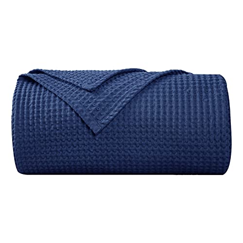 PHF 100% Baumwolle Decke 130x150cm, Weiche Waffelpique Tagesdecke, Leichte Kuscheldecke Wohndecken, Überwurf für Sofa Seesel Bett, 130x150cm, Navy Blau von PHF