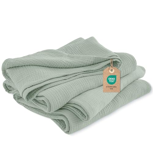 PHF 100% Baumwolle Musselin Decke 150x200cm, 4-lagige weiche hautfreundliche & atmungsaktive Tagesdecke, Ganzjahres-Komfort Sage Green Sofaüberwurf Couchdecke für Bett Sofa, Salbei Grün von PHF