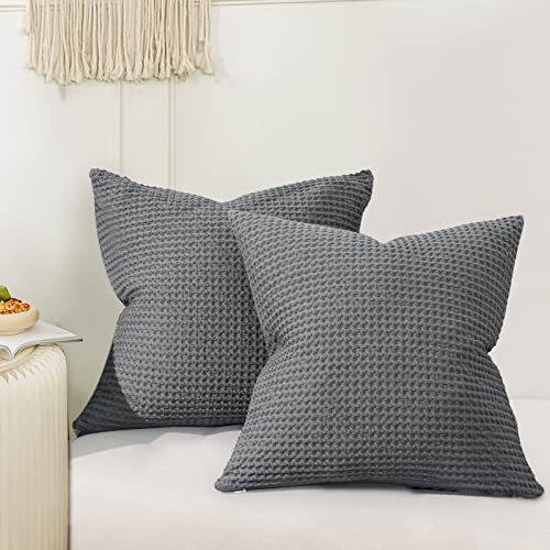 PHF 2er Baumwolle Waffle Kissenbezüge 45x45cm, 100% Baumwolle Schicke Dekokissen Kissenbezug für Sofa Couch Wohnzimmer, Velvet Dekorativ Kissenhüllen, 2er Set 45x45cm, Anthrazit von PHF