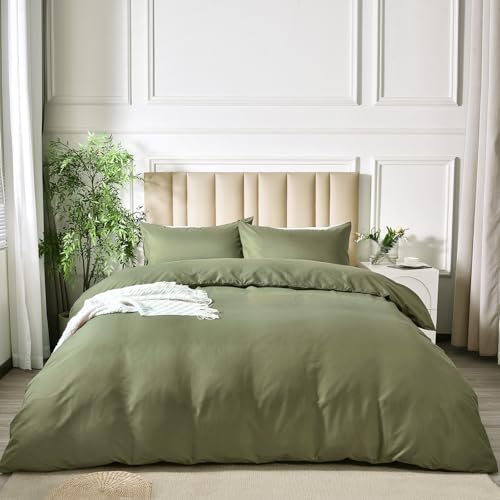 PHF 3tlg Bettwäsche 155x220, Bettbezüge 155x220 cm mit 2er Kissenbezüge 80x80 cm, Weich und Bügelfrei Bettwäsche Olive Green, aus Mikrofaser mit Reißverschluss,Olivgrün von PHF