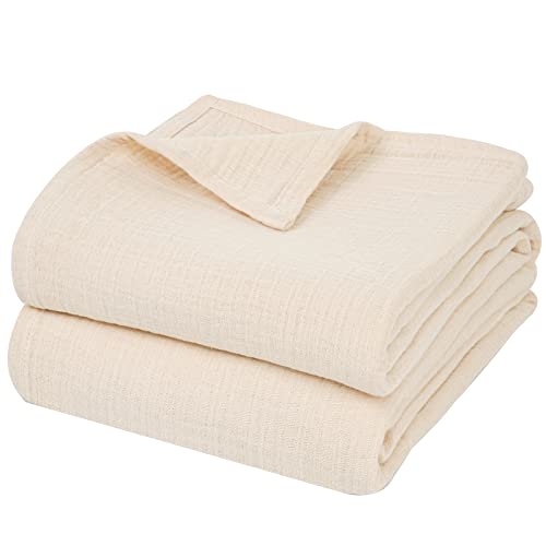 PHF Baumwolle Musselin Decke 150x200cm, Hautfreundliche & Atmungsaktive Tagesdecke, Ganzjährige Komfort Linen Sofaüberwurf Couchdecke für Bett Sofa Beige von PHF
