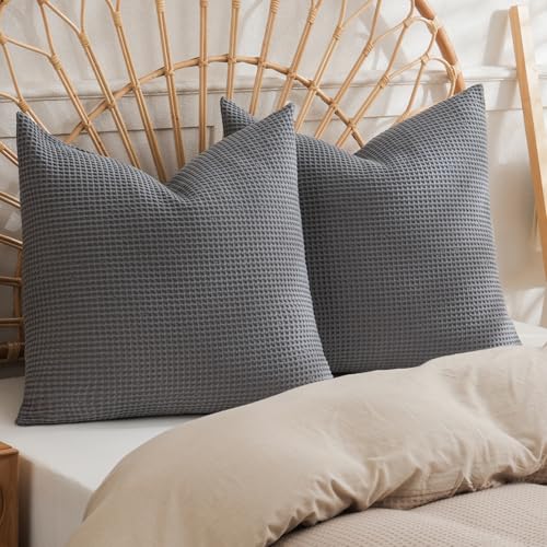 PHF Bettwäsche 100 Prozent weicher Baumwolle Waffel Euro Kissenbezüge mit Reißverschluss 2 Stück, anthrazit, 26" x26 von PHF