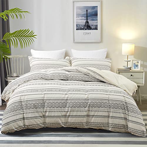 PHF Boho-Bettbezug-Set, 100% Baumwolle, 3-teilig, Queen-Size-Größe (228.6 x 233.7 cm), garngefärbt, Jacquard, bequem für alle Jahreszeiten, schwarz und elfenbeinfarben von PHF