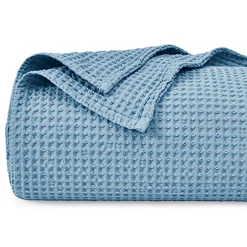 PHF Decke aus 100 % Baumwolle, Waffeldecke, 220x240 cm, vorgewaschene, weiche, leichte, atmungsaktive Decke für alle Jahreszeiten, perfekte Decke für Couch, Bett, Queen-Size-Größe, staubiges Blau von PHF