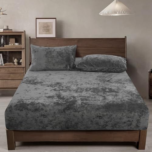 PHF Truly Velvet Fitted Sheet King Size, 1 Pack Luxury Super Soft Cozy Comfy Bed Sheets with 15'' Deep Pock,Suitable for Fall Winter and Spring, No Pillowcases, Charcoal/Dark Grey von PHF