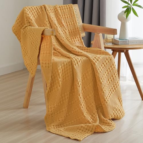 PHF Überwurfdecke aus 100% Baumwolle, Waffelmuster, Gewaschene, weiche, atmungsaktive, hautfreundliche Decke für alle Jahreszeiten, perfekte warme, 127x152.4 cm, Ingwergelb von PHF