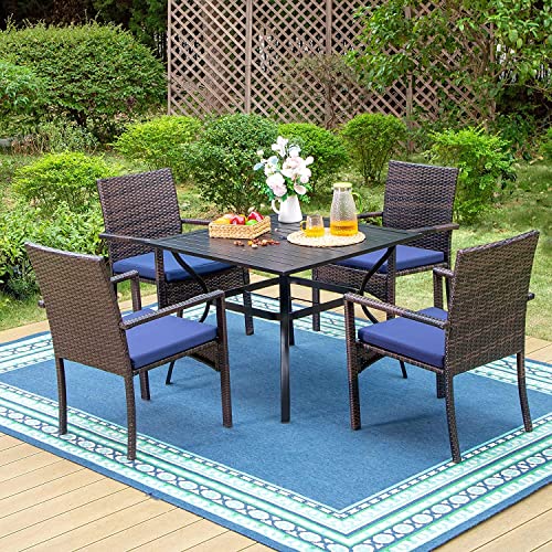 PHIVILLA 5 Stück Patio Esstisch Set für 4, 94cm Quadratischer Metalltisch für den Außenbereich mit Schirmloch & 4 Rattangeflechtstühle mit Kissen für Terrasse, Hof, Veranda von PHIVILLA