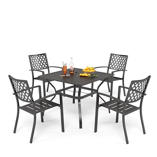 PHI VILLA 5 Teiliges Gartenmöbel Set für den Außenbereich, Quadratischer 94cm-Metalllatten Gartentisch mit 4 cm Schirmloch und 4 Metallstühlen für Terrasse, Bistro, Balkon von PHI VILLA