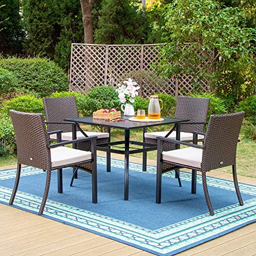 PHIVILLA 5-teiliges Outdoor-ESS-Set für 4, 94 cm quadratische Metall-Esstische und 4 gepolsterte Rattan-Korbstühle für Terrasse, Deck, Hof, Veranda von PHIVILLA