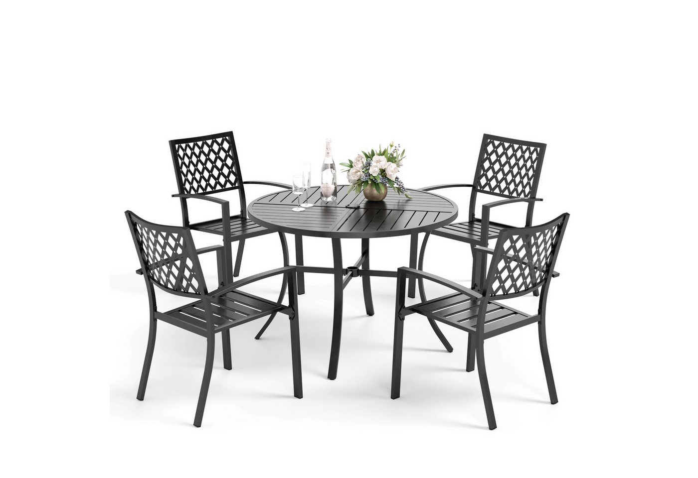 PHI VILLA Garten-Essgruppe, (4 Stühlen und 1 Rund Gartentisch, Outdoor Balkon Gartenmöbel Set), E-Beschichtung Stapelbaren Metallstühlen von PHI VILLA