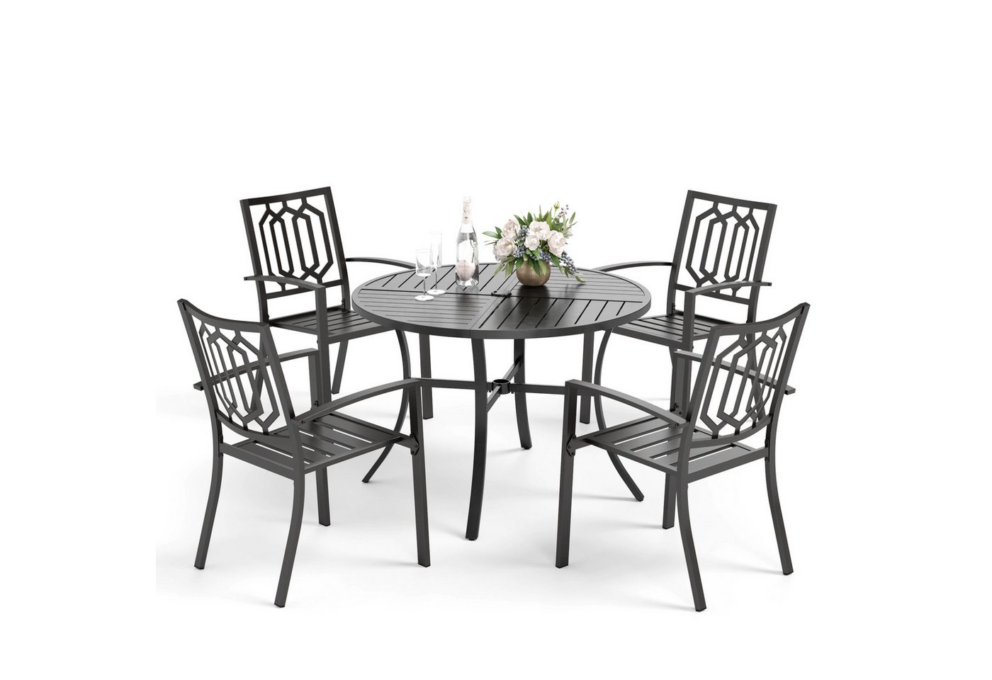 PHI VILLA Garten-Essgruppe, (4 Stühlen und 1 Rund Gartentisch, Outdoor Balkon Gartenmöbel Set), E-Beschichtung Stapelbaren Metallstühlen von PHI VILLA