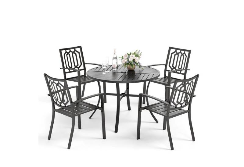 PHI VILLA Garten-Essgruppe, (4 Stühlen und 1 Rund Gartentisch, Outdoor Balkon Gartenmöbel Set), E-Beschichtung Stapelbaren Metallstühlen von PHI VILLA