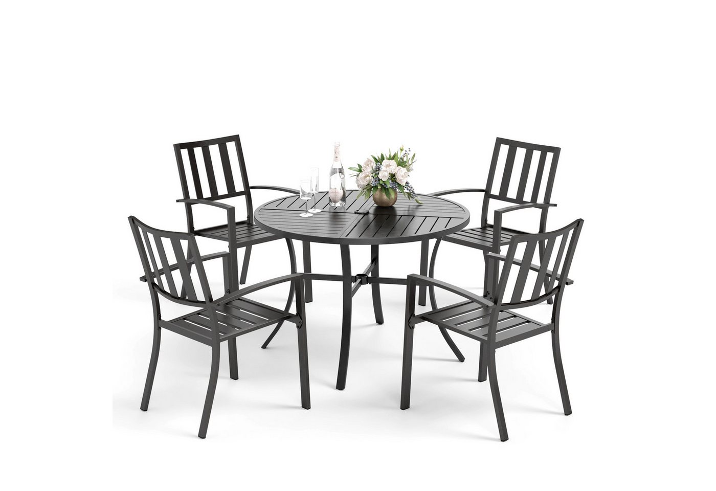 PHI VILLA Garten-Essgruppe, (4 Stühlen und 1 Rund Gartentisch, Outdoor Balkon Gartenmöbel Set), E-Beschichtung Stapelbaren Metallstühlen von PHI VILLA