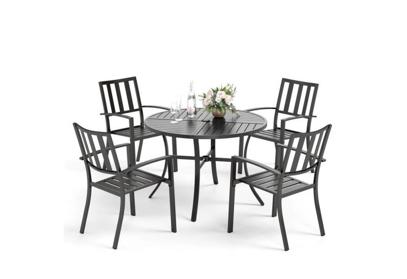 PHI VILLA Garten-Essgruppe, (4 Stühlen und 1 Rund Gartentisch, Outdoor Balkon Gartenmöbel Set), E-Beschichtung Stapelbaren Metallstühlen von PHI VILLA