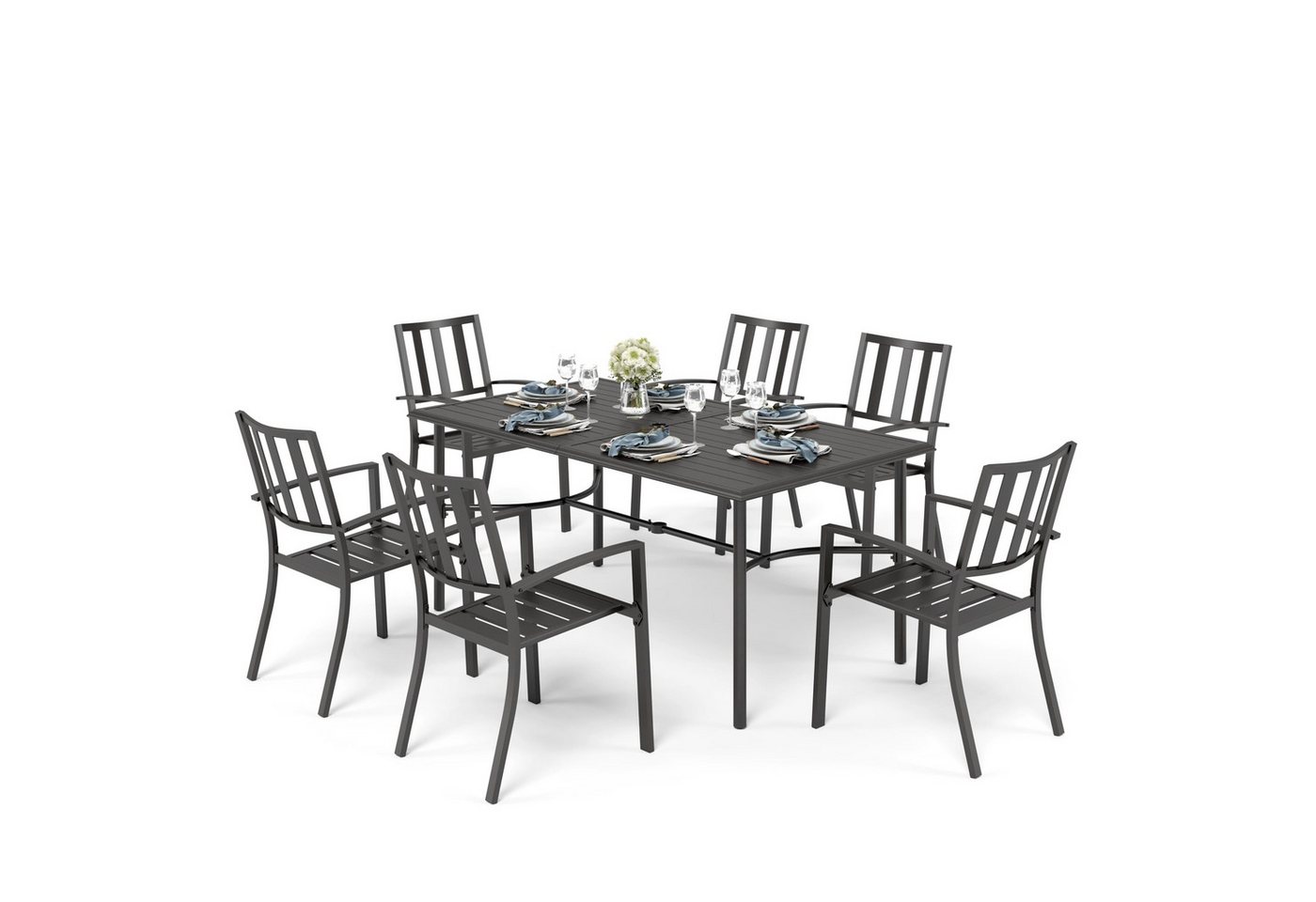 PHI VILLA Garten-Essgruppe, (Gartenmöbel Set Metall E-Coating Gartentisch mit Stapelbaren Stühle Set Rechteckiger Metall-Esstisch mit Schirmloch) von PHI VILLA