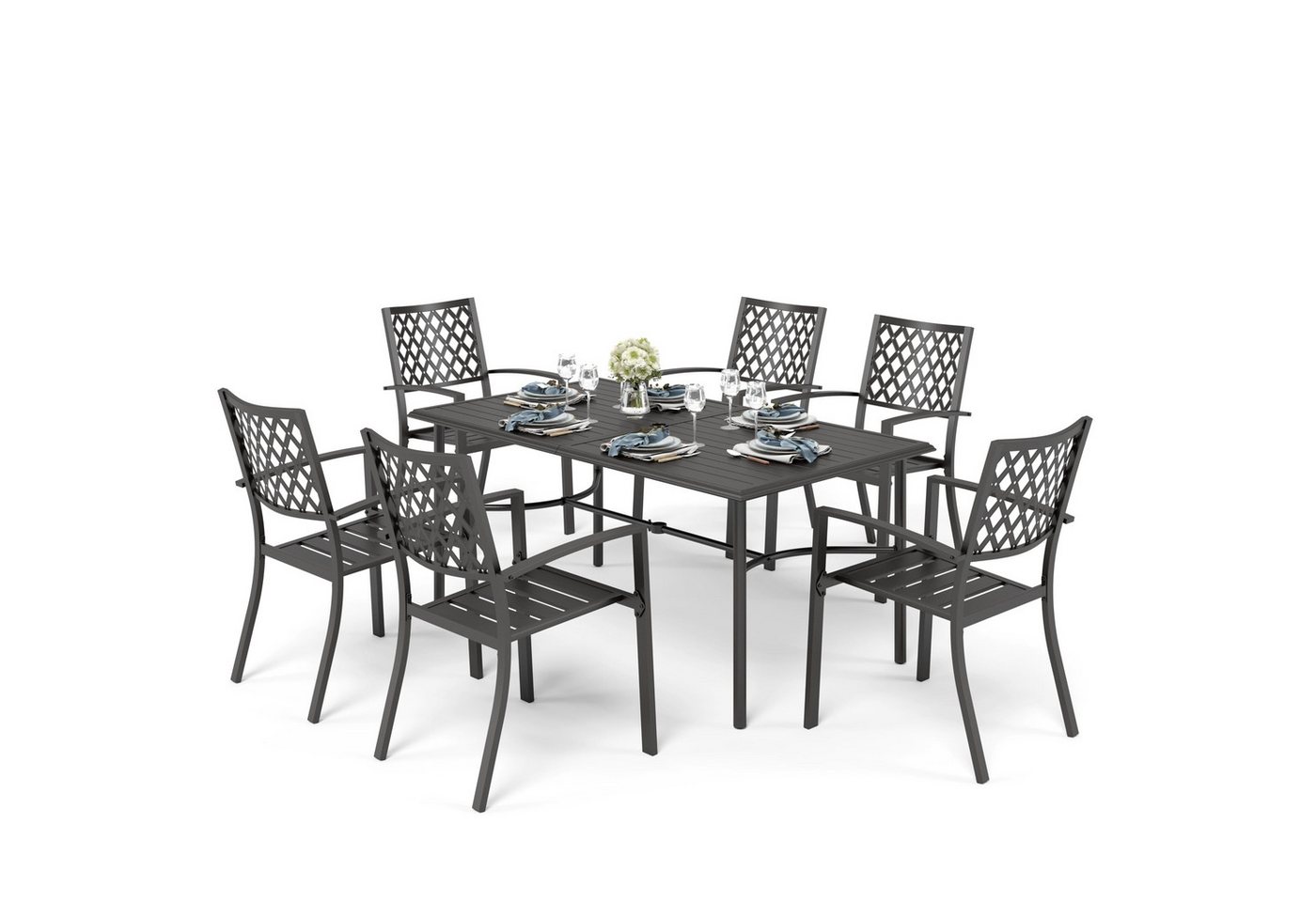 PHI VILLA Garten-Essgruppe, (Gartenmöbel Set Metall E-Coating Gartentisch mit Stapelbaren Stühle Set Rechteckiger Metall-Esstisch mit Schirmloch) von PHI VILLA