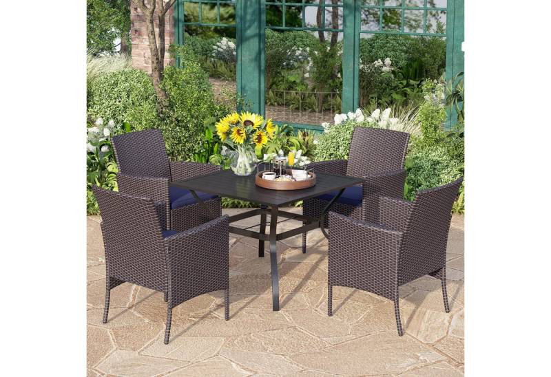 PHI VILLA Garten-Essgruppe, (mit Schirmloch & 4 Rattangeflechtstühle mit Kissen, 94cm Quadratischer Metalltisch für den Außenbereich), 5 Stück Patio Esstisch Set für 4 von PHI VILLA