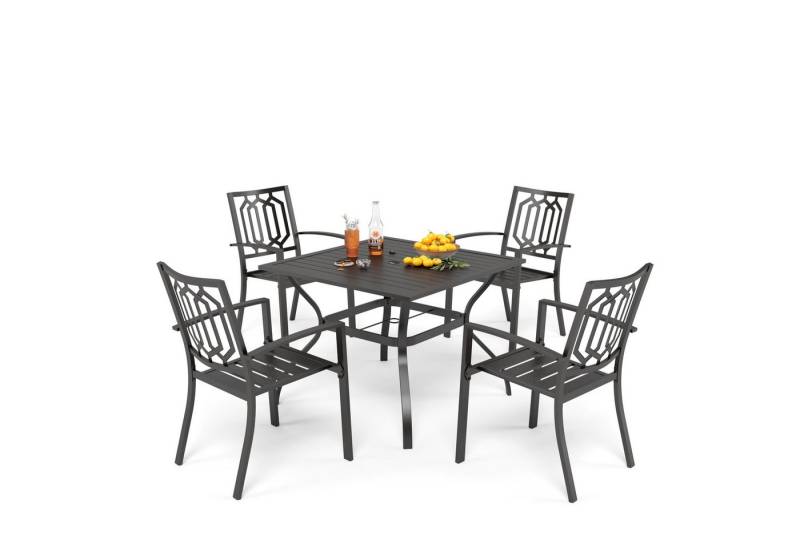 PHI VILLA Garten-Essgruppe, (94cm Quadratischer Gartentisch und 4 Gartenstühle, Wetterfest Balkonmöbel Terrassenmöbel), Metall Gartentisch und Stapelstühle von PHI VILLA