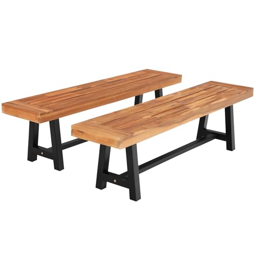 PHI VILLA Gartenbank Wetterfest 160 cm Sitzbank Holzbank Outdoor Balkon Bank Ohne Lehne Holzbänke für Draußen 2-3 Sitzer Akazienholz Teak, 2 Packung von PHI VILLA