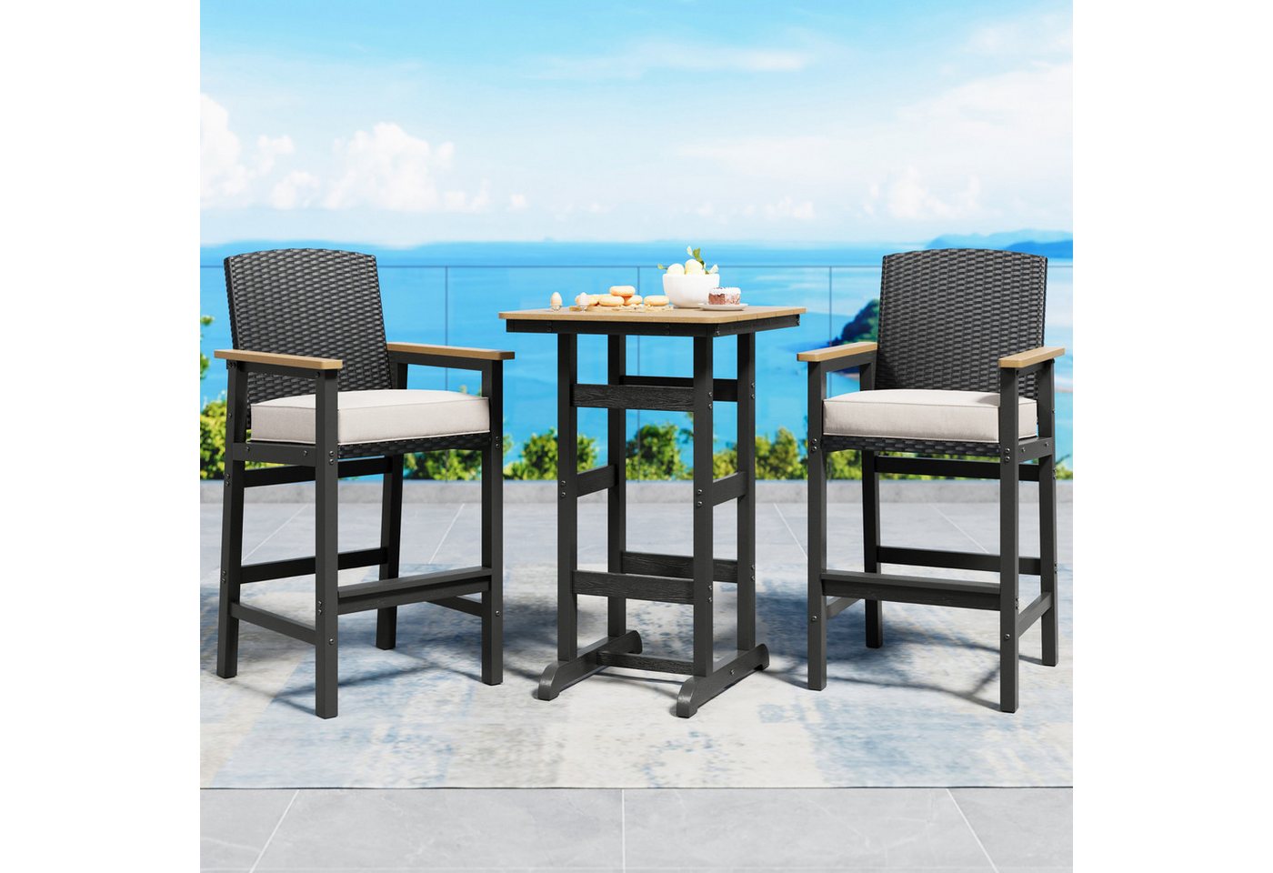 PHI VILLA Gartenbar-Set, (3 Stück Bar-Tisch-Set mit Bar-Stühlen, Bar-Möbel für den Außenbereich), PE Rattan-Hocker und Holz-Tischplatte, Bar-Tisch mit 2 Stühlen von PHI VILLA