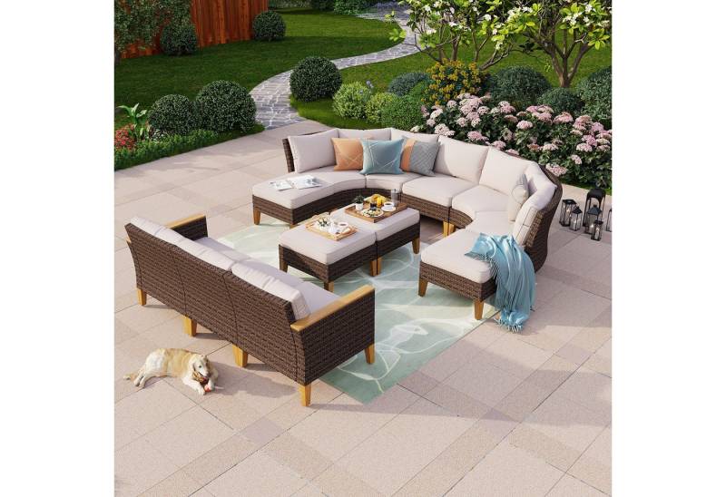 PHI VILLA Gartenlounge-Set, (4 Sofa, 2 Armlehne Stuhl, 2 Armloser Stuhl, 4 Ottomane, Montagehilfe), für 10-12 Personen Halbmondförmig Gebogen Gartensofa Balkonmöbel von PHI VILLA